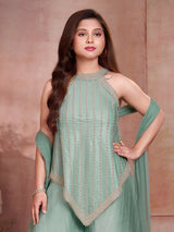 Pista green chevron girl palazzo suit with dupatta