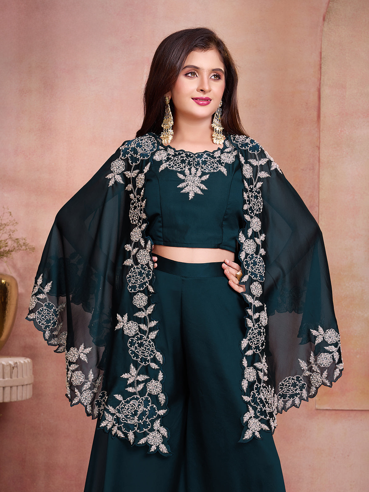 Rama green embroidered girl palazzo suit with shrug