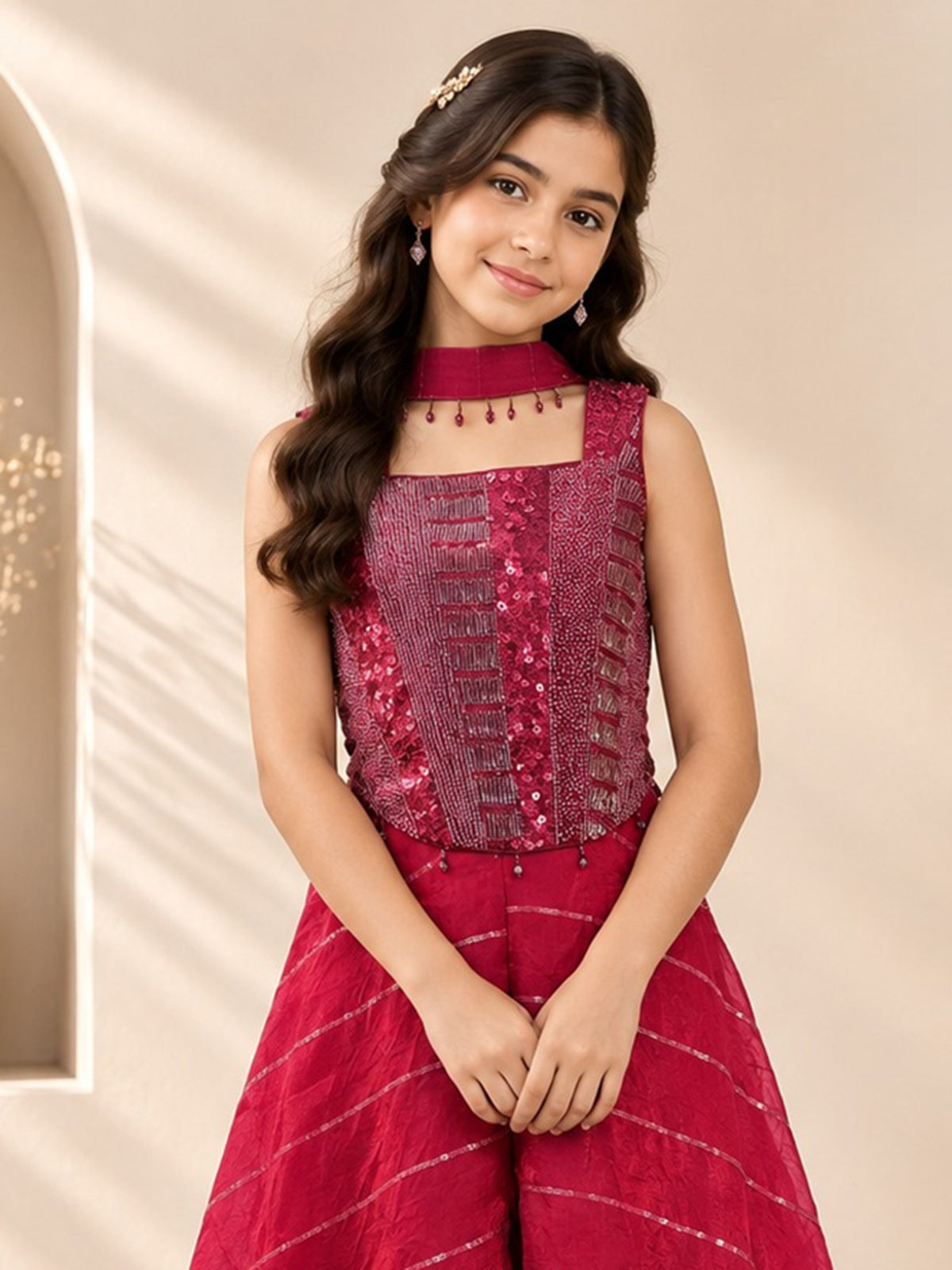Red geometric girl palazzo suit with choker dupatta