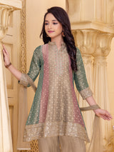 Beige heritage print girl salwar suit with dupatta
