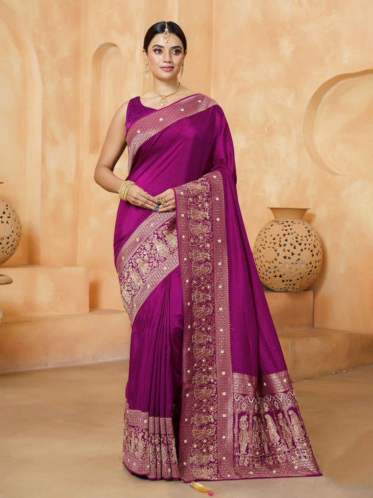 Wine gold-thread royal procession dola silk saree for women