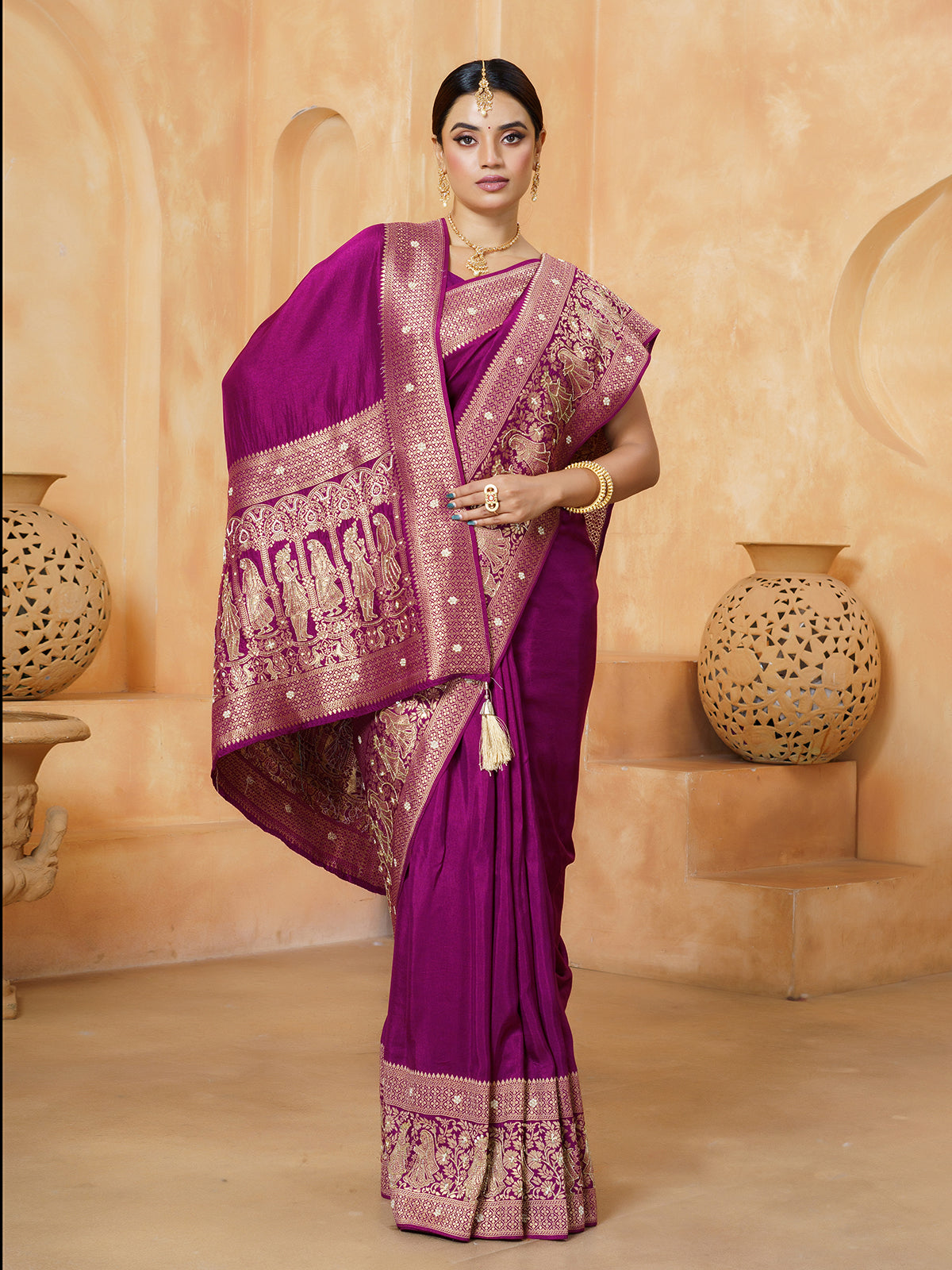 Wine gold-thread royal procession dola silk saree for women