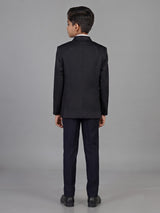 Black textured cotton blend boys coat suit with floral metal fasteners