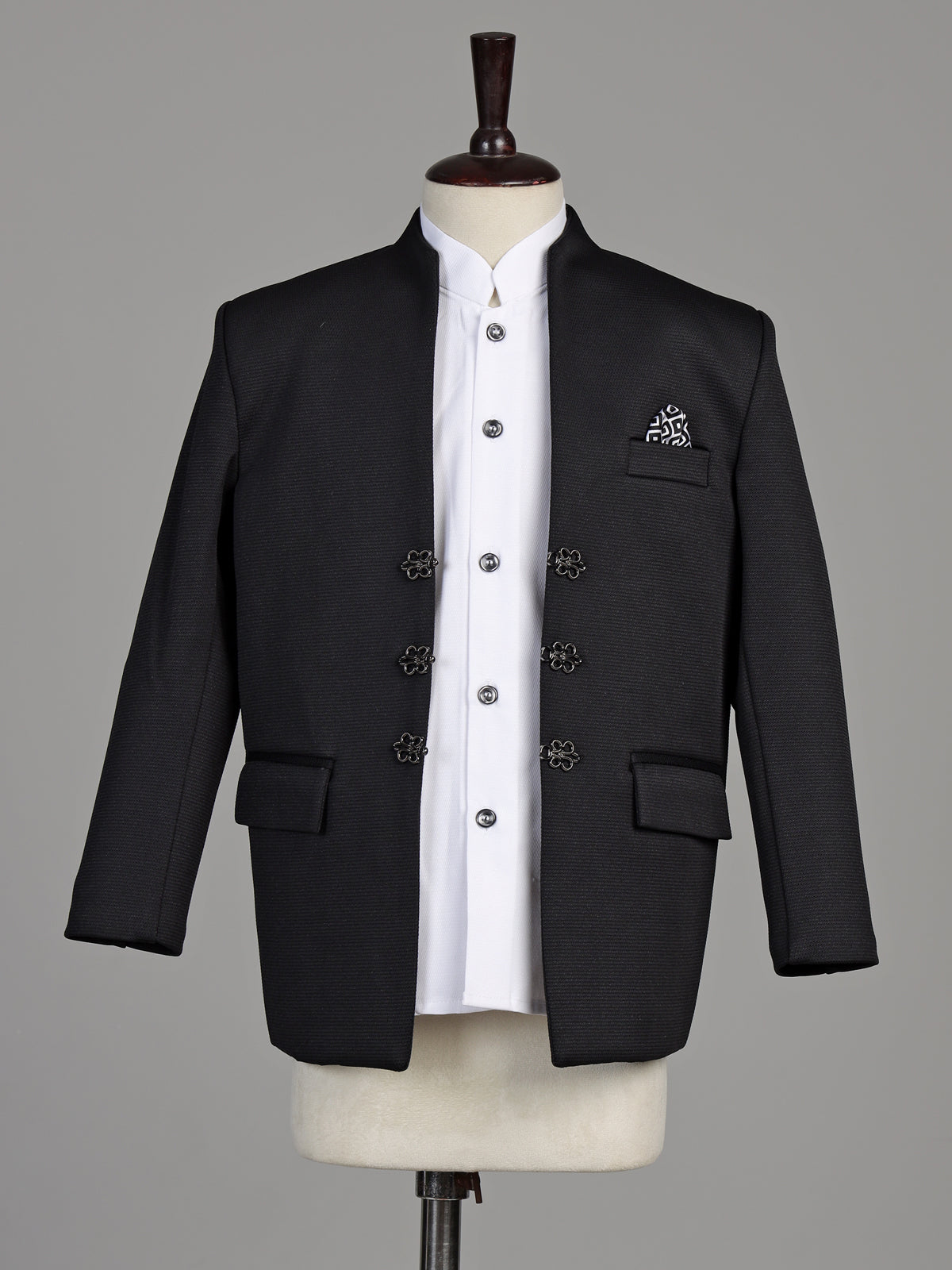 Black textured cotton blend boys coat suit with floral metal fasteners