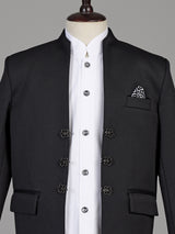 Black textured cotton blend boys coat suit with floral metal fasteners