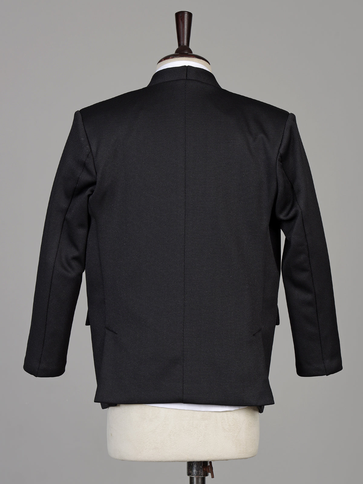 Black textured cotton blend boys coat suit with floral metal fasteners