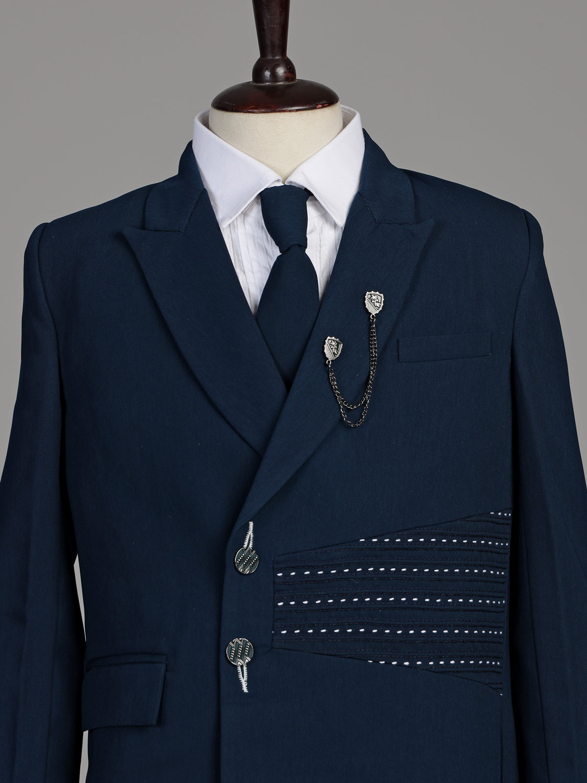 Rama blue terry rayon boys coat suit with asymmetric double-breasted jacket