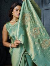 Pastel mint blue floral teardrop tissue saree for women