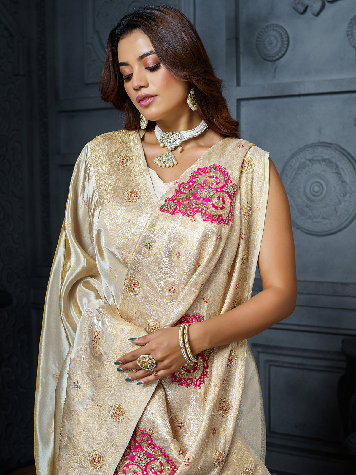 Premium cream pink royal paisley tissue saree for women