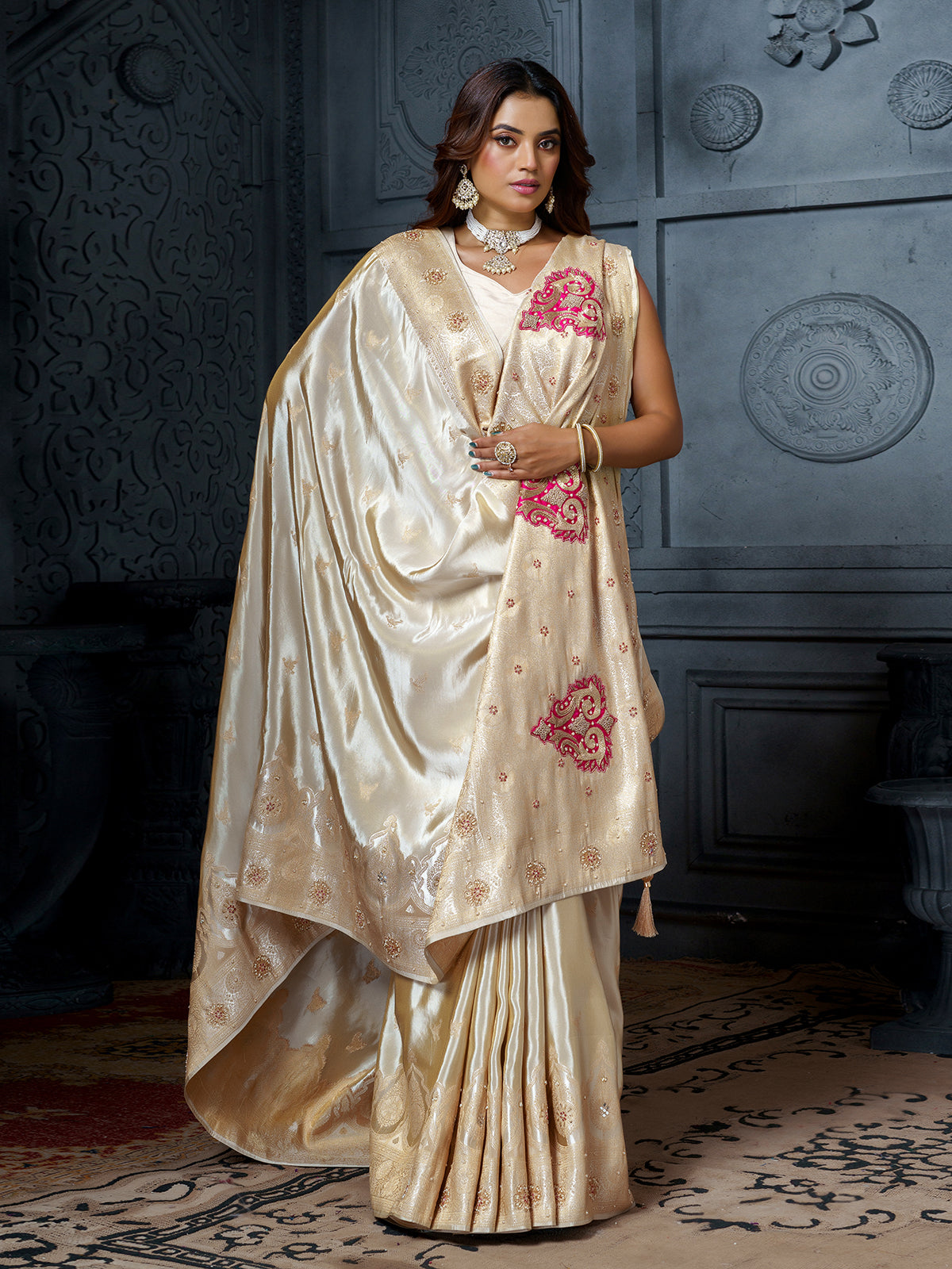 Premium cream pink royal paisley tissue saree for women