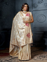 Premium cream pink royal paisley tissue saree for women