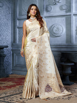 Luxury cream purple heritage tissue silk saree for women