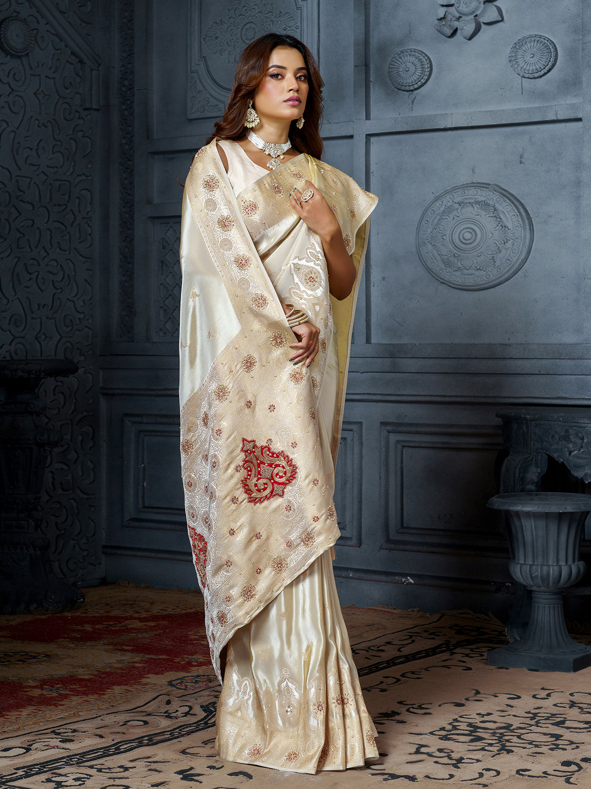 Exclusive cream red mughal paisley tissue saree for women