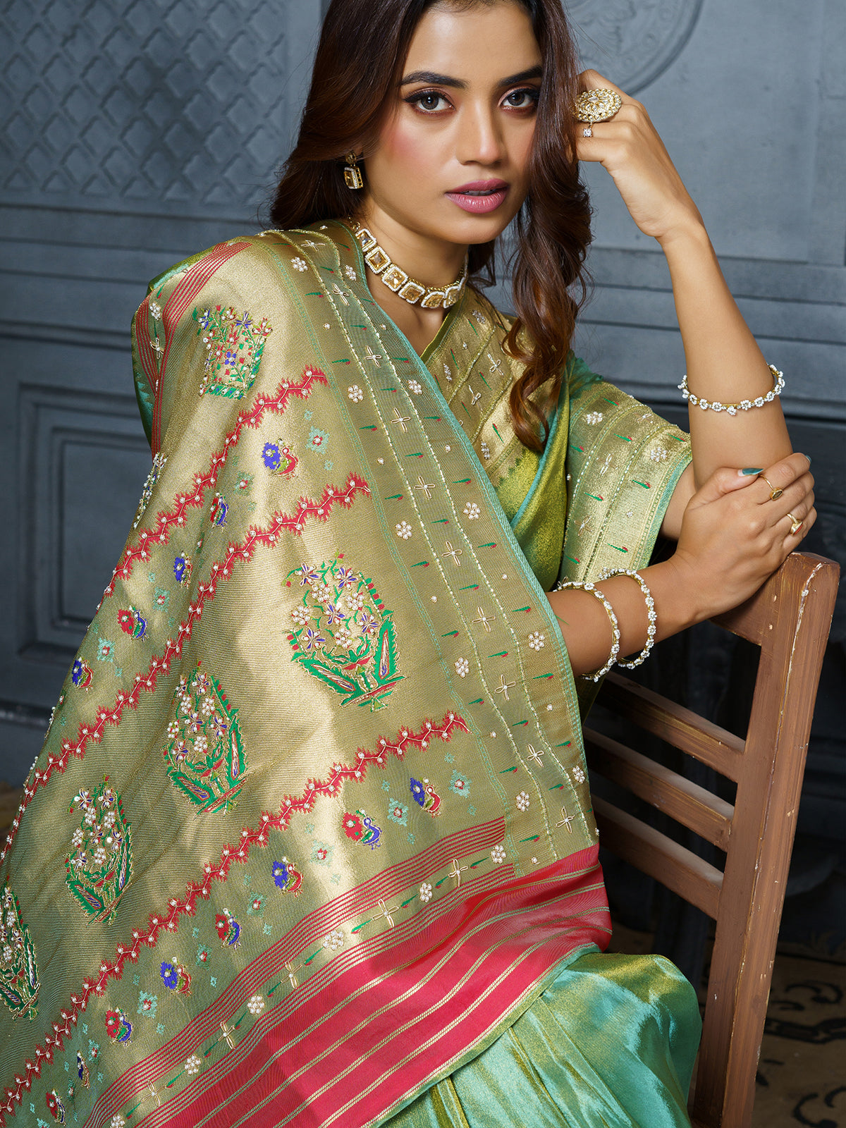 Green gujarati meenakari royal tissue saree for women
