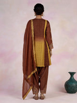 Coffee brown silk salwar suit with shaded dupatta detailing