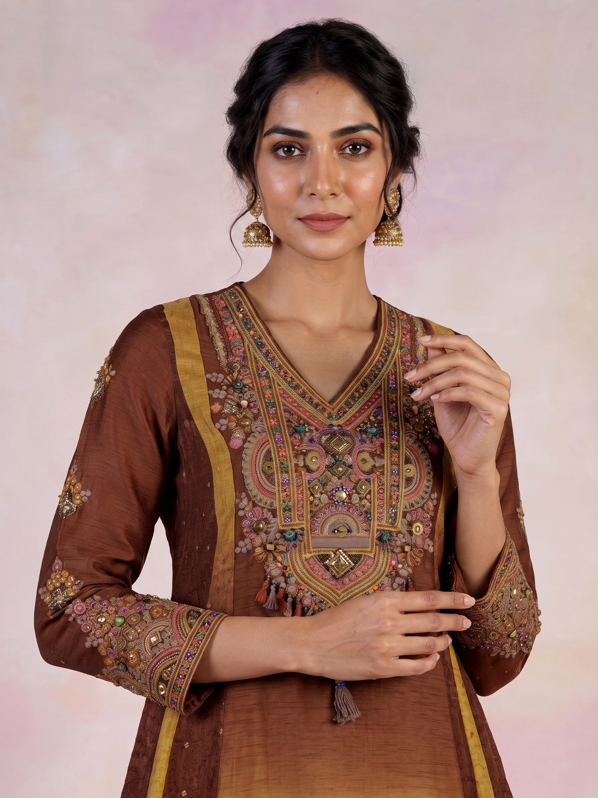 Coffee brown silk salwar suit with shaded dupatta detailing