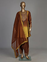 Coffee brown silk salwar suit with shaded dupatta detailing