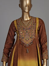 Coffee brown silk salwar suit with shaded dupatta detailing