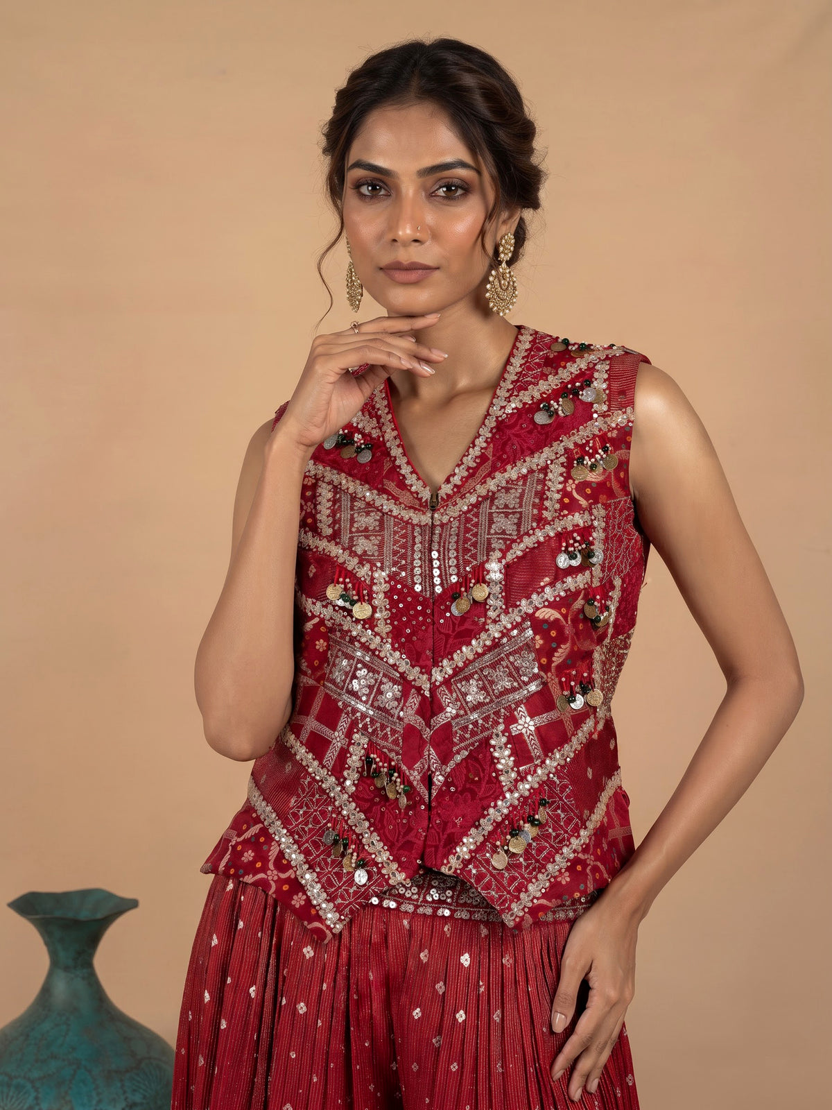 Maroon silk palazzo suit with mirror work and zari accents