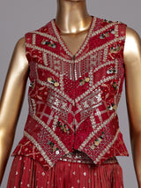 Maroon silk palazzo suit with mirror work and zari accents