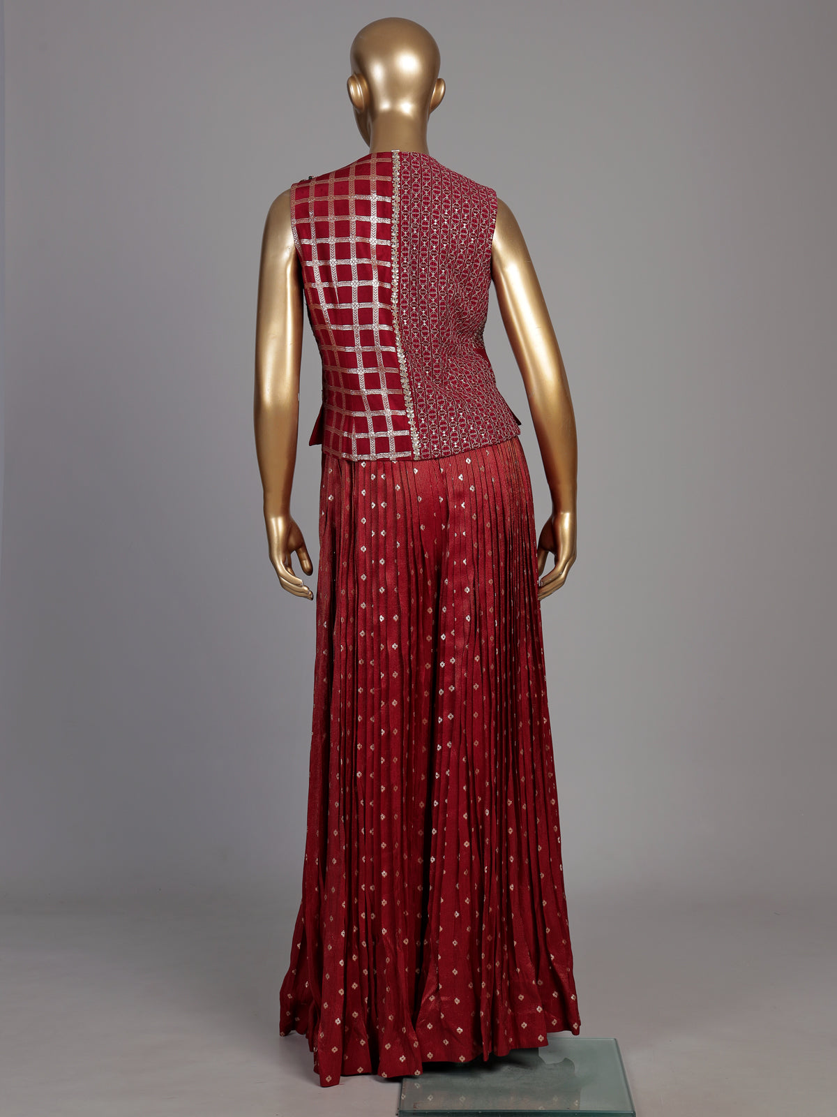 Maroon silk palazzo suit with mirror work and zari accents