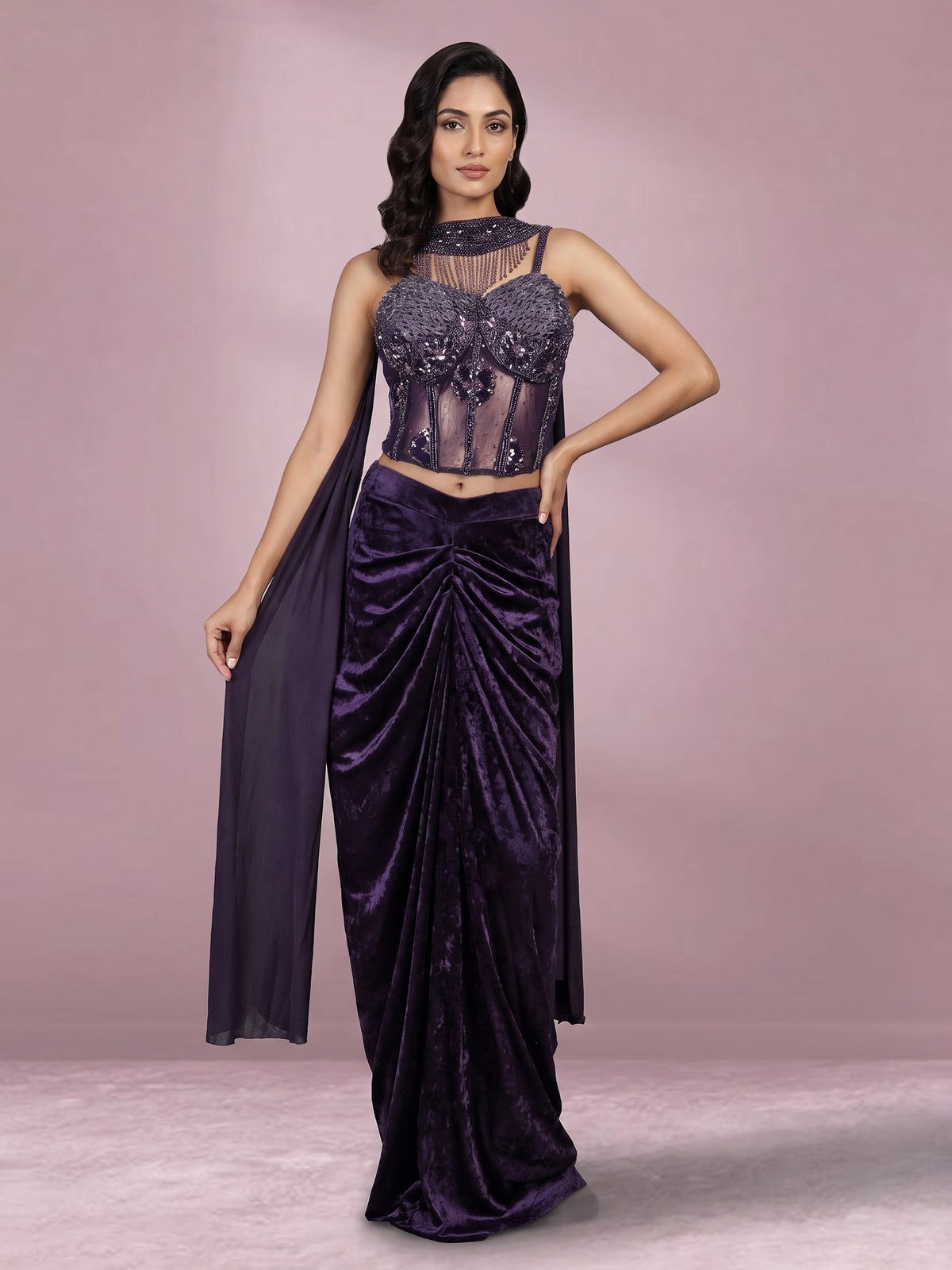 Purple net and velvet Indo western suit with embellished dupatta