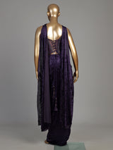 Purple net and velvet Indo western suit with embellished dupatta