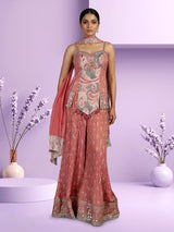 Peach silk palazzo suit with ornate embroidery and dupatta