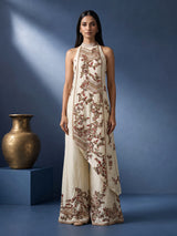 Off white silk palazzo suit with floral prints and mirror embellishments