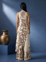 Off white silk palazzo suit with floral prints and mirror embellishments