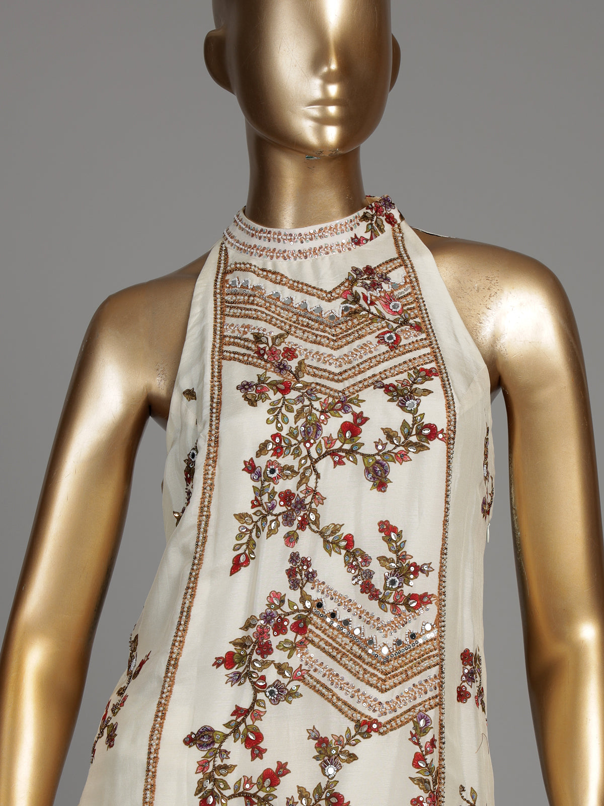 Off white silk palazzo suit with floral prints and mirror embellishments