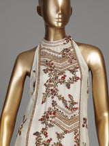 Off white silk palazzo suit with floral prints and mirror embellishments