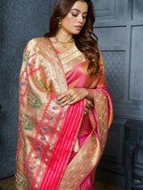 Pastel pink royal bouquet Meenakari tissue saree for women