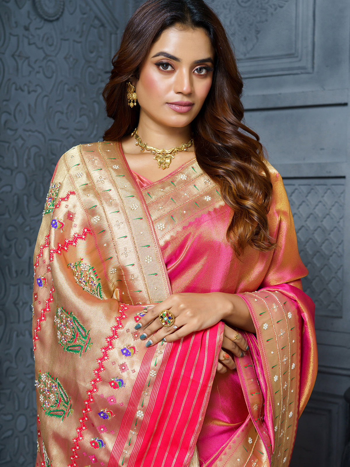 Pastel pink royal bouquet Meenakari tissue saree for women