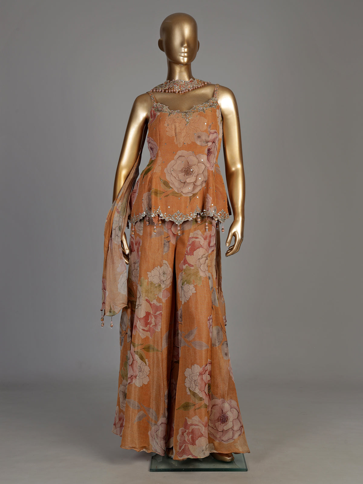 Pastel peach tissue silk palazzo suit with floral detailing