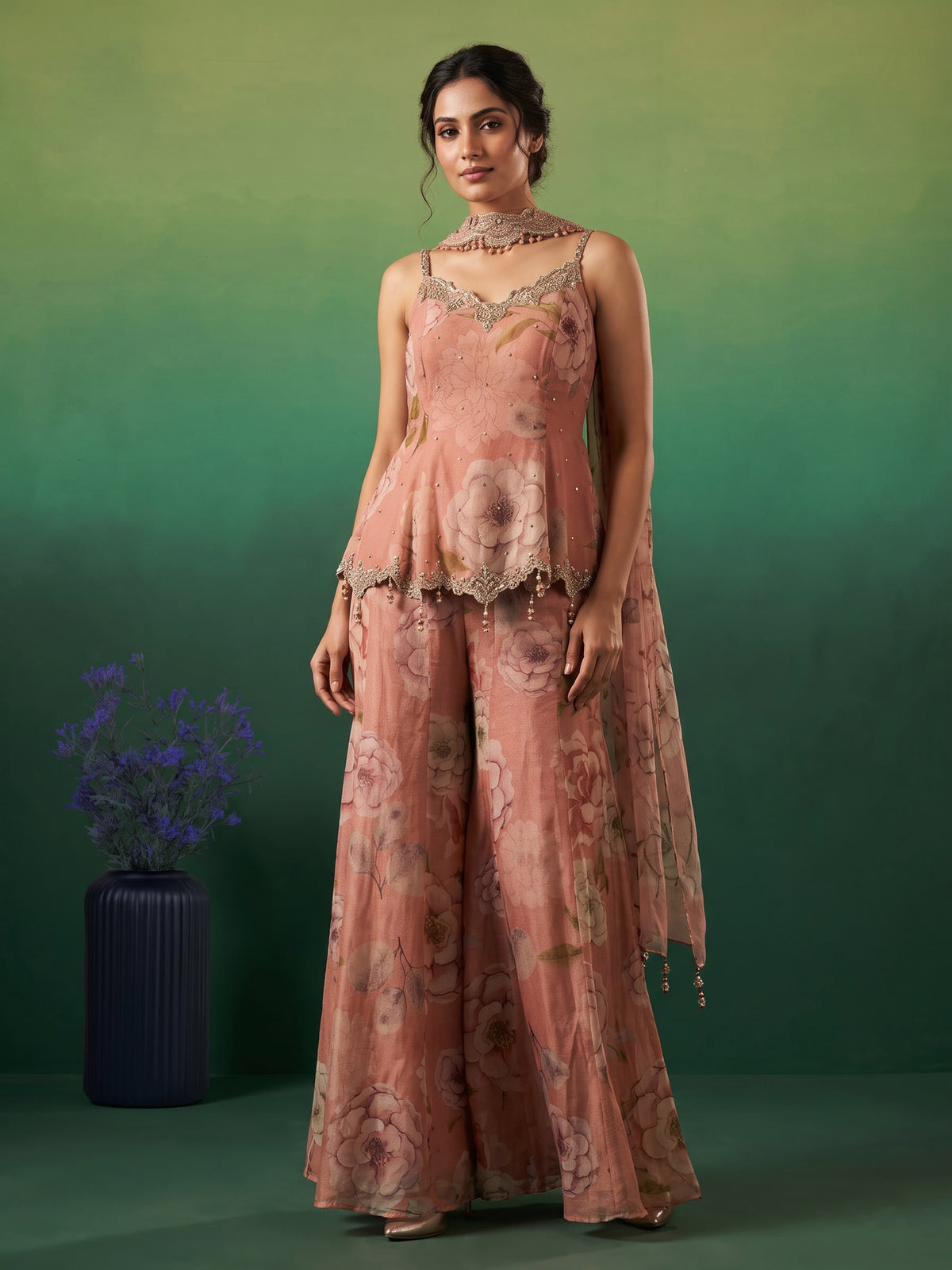 Pastel pink tissue silk palazzo suit with floral embellishments