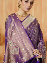 Pastel purple mughal arch embroidered satin saree for women