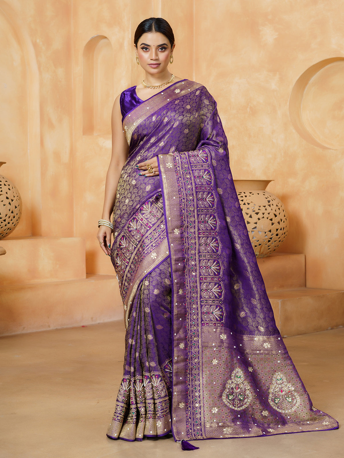 Pastel purple mughal arch embroidered satin saree for women