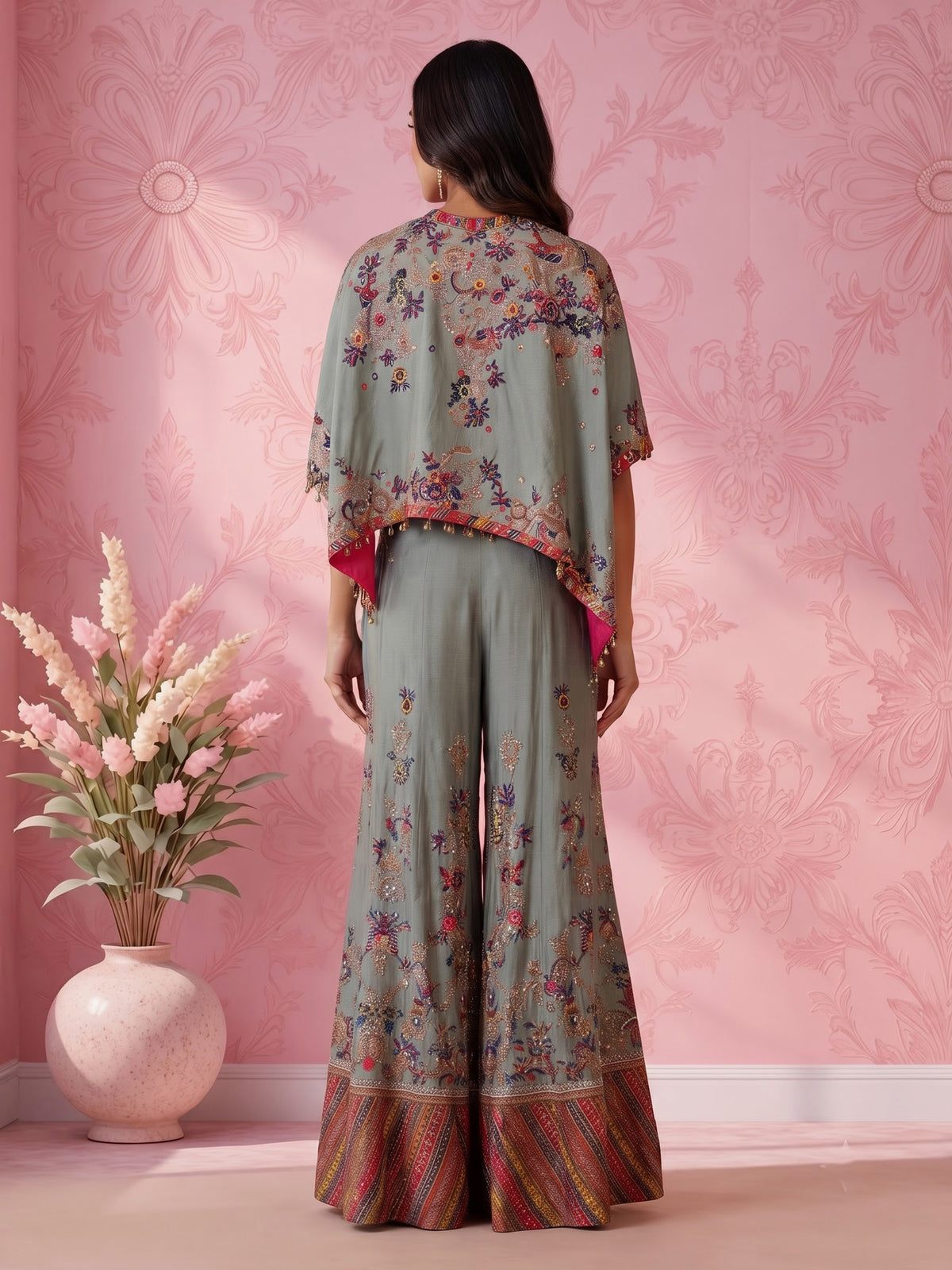 Grey silk three-piece palazzo suit with embellished floral prints