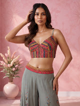 Grey silk three-piece palazzo suit with embellished floral prints
