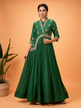 Green chiffon silk bandhani anarkali suit with gota embellishments