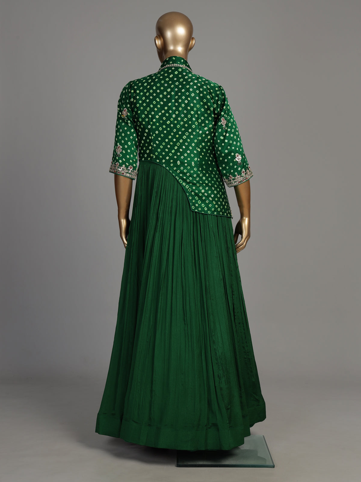 Green chiffon silk bandhani anarkali suit with gota embellishments