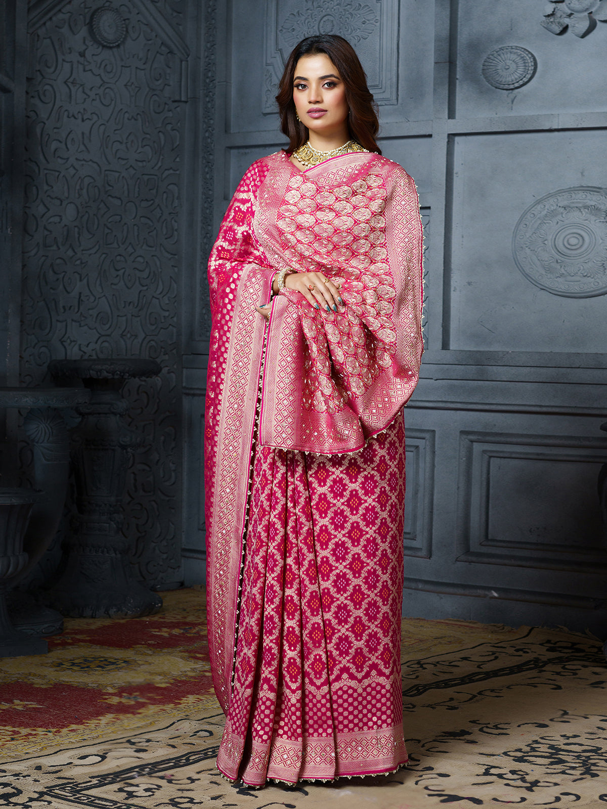 Pink bandhani paisley embellished georgette saree for women