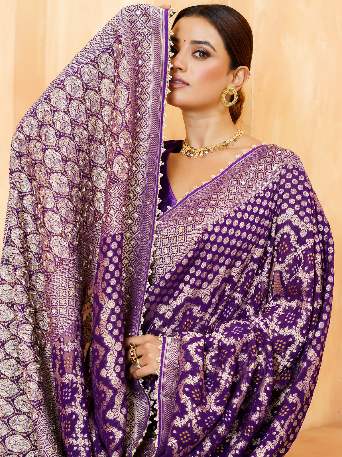 Purple persian vine bandhani georgette saree for women