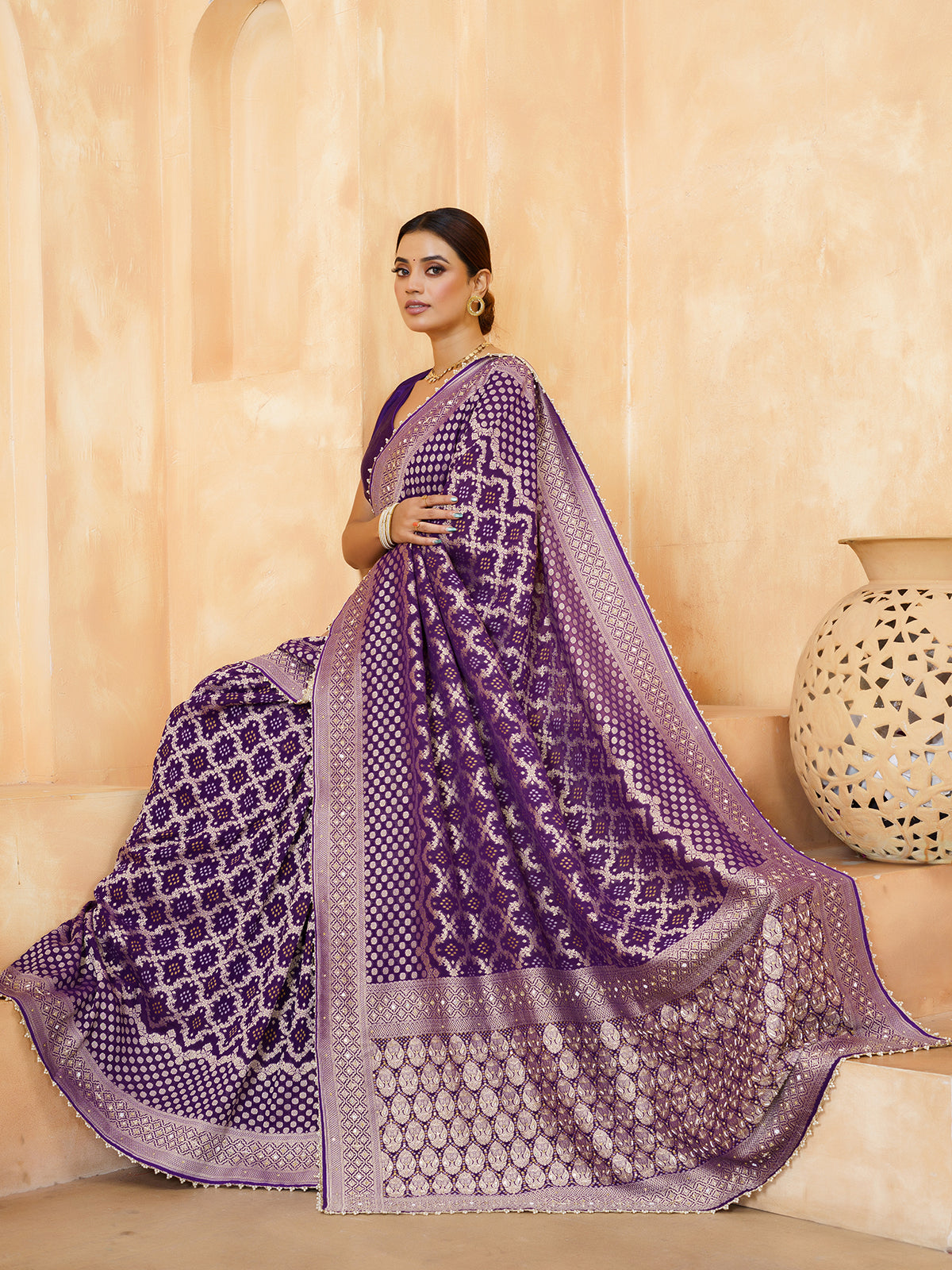 Purple persian vine bandhani georgette saree for women