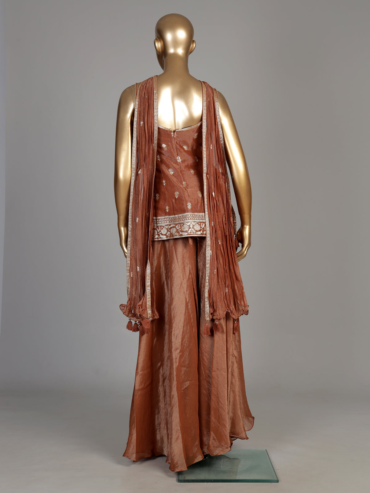Rust peach tissue silk palazzo suit with intricate zardosi work
