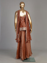 Rust peach tissue silk palazzo suit with intricate zardosi work