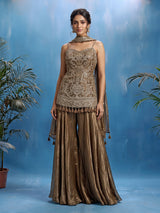 Dark beige tissue silk palazzo suit with ornate zari embellishments