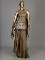Dark beige tissue silk palazzo suit with ornate zari embellishments