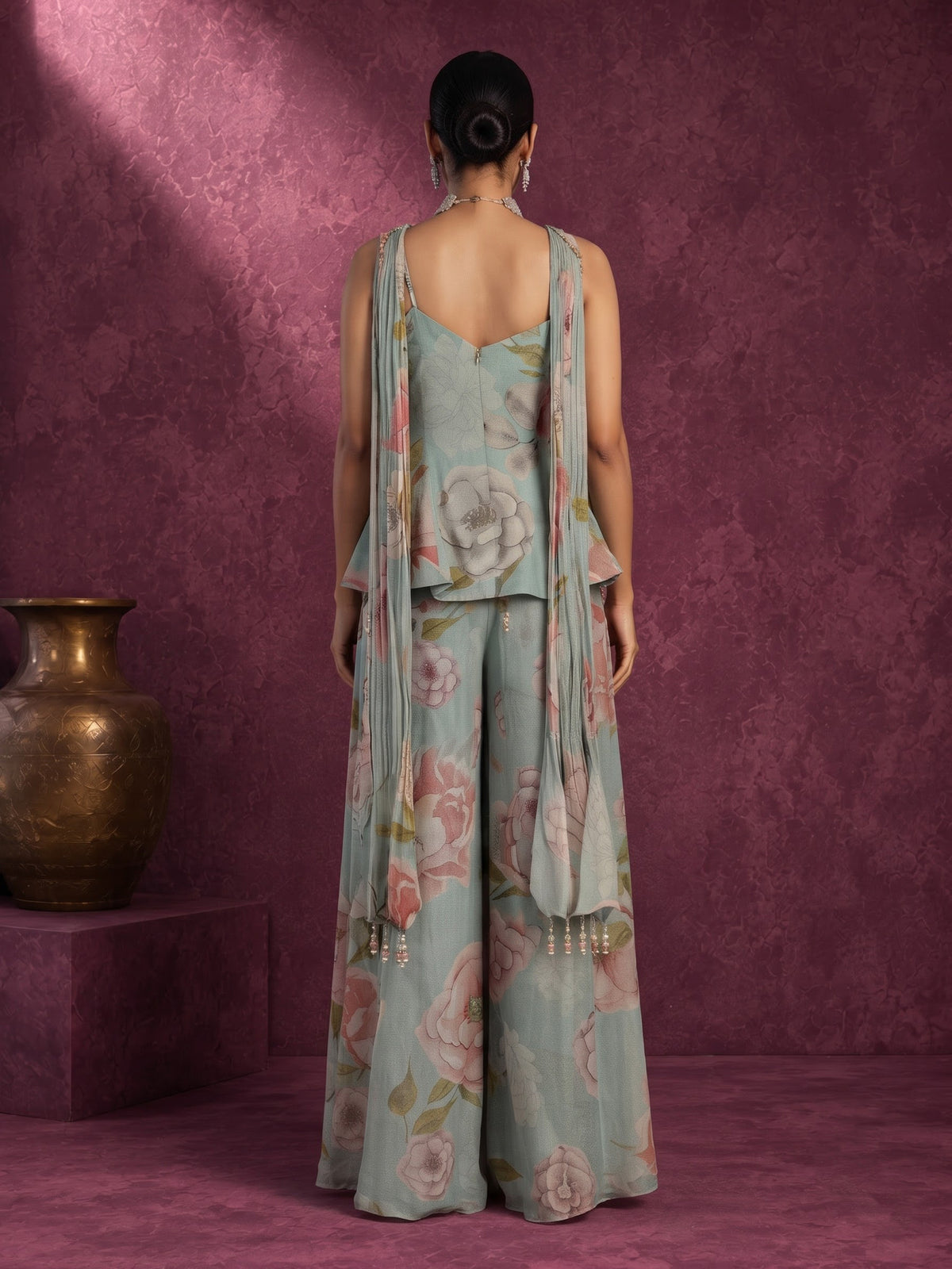 Pastel mint green tissue silk palazzo suit with floral embroidery